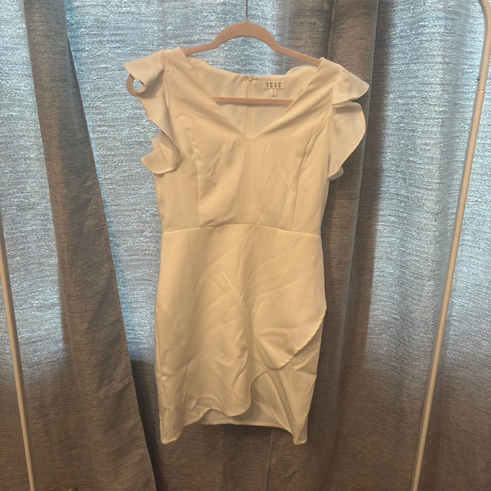 TCEC Asymmetrical White Dress with Ruffle Sleeves